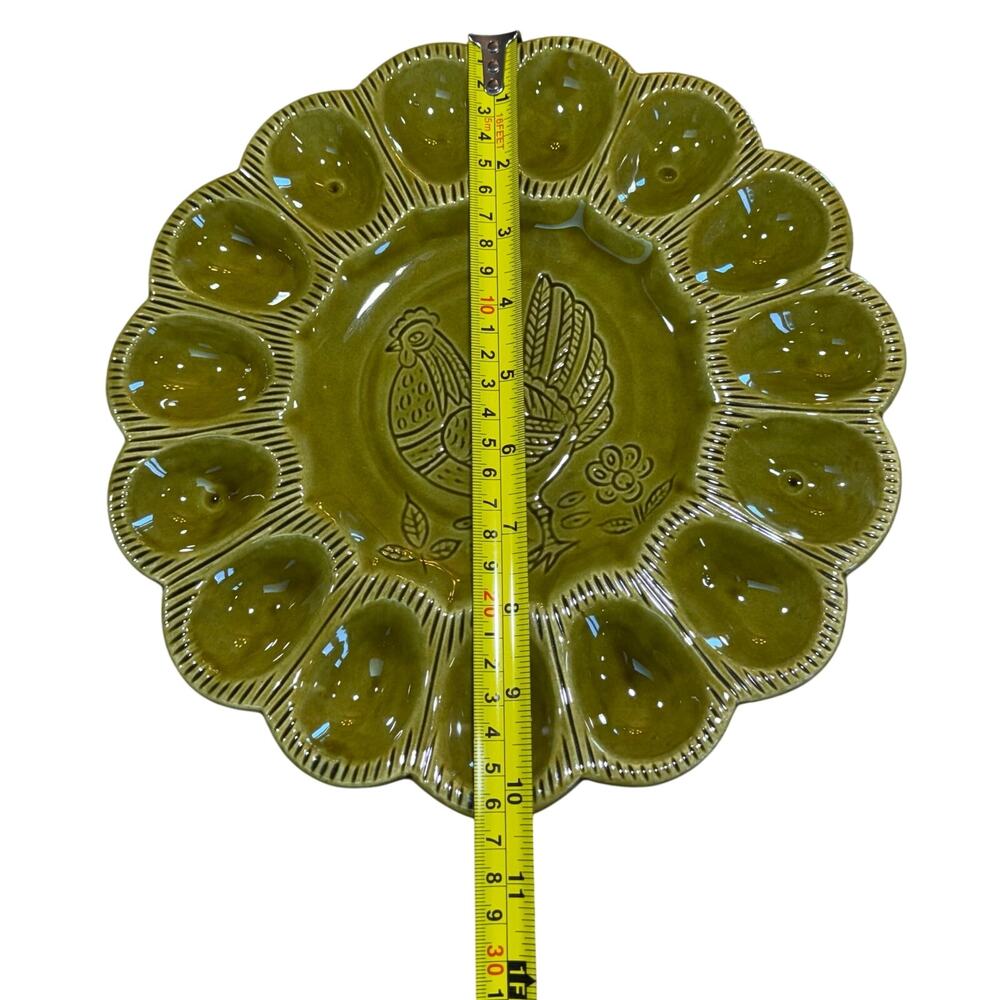 Vintage CALIF USA S 29 Deviled Egg Platter Avocado Green Chicken Folk Art - Picture 11 of 11